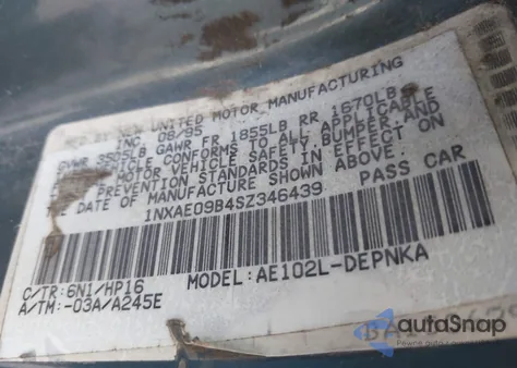 1995 Toyota Corolla Le/Dx z USA, uszkodzony, nr VIN 1NXAE09B4SZ346439